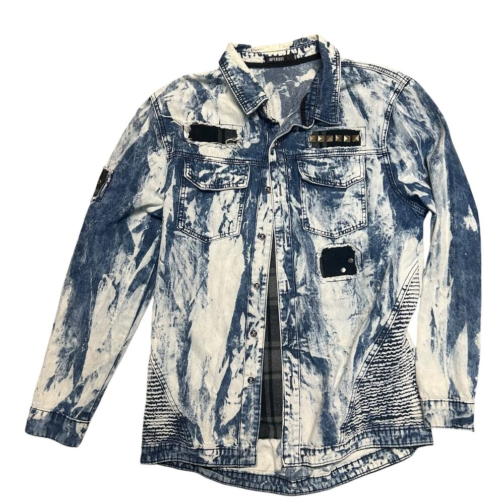 Imperious Acid Wash Studded‎ Blue White Button-Down Jacket Large